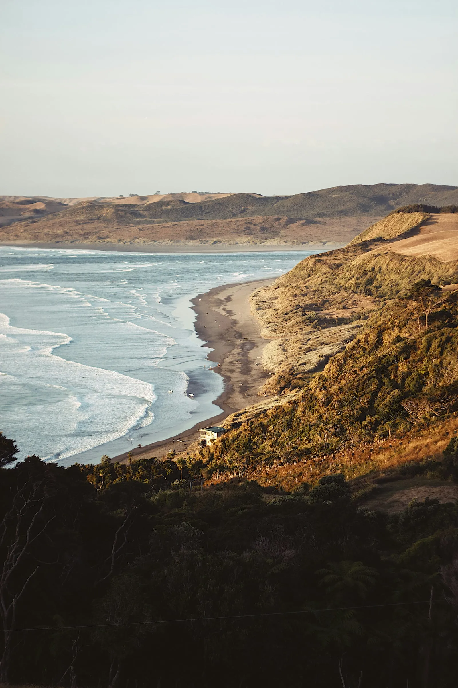 Raglan's west-coast black-sand beach at golden hour, with surf rolling in and dunes stretching into the distance — 45 minutes from Hamilton, New Zealand