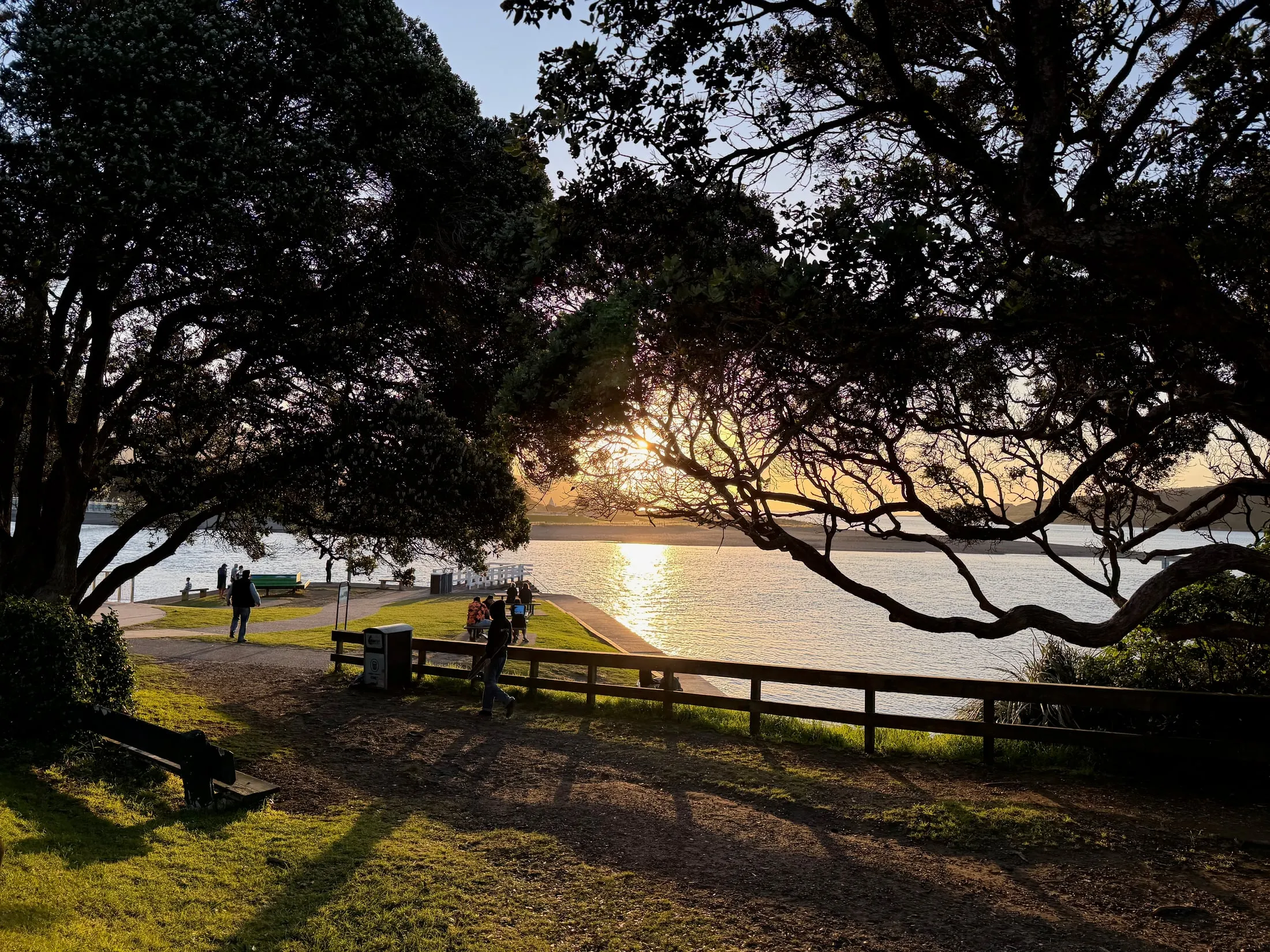 The sun setting over Raglan harbour viewed through pohutukawa trees, with people gathered on the riverbank — Waikato, New Zealand